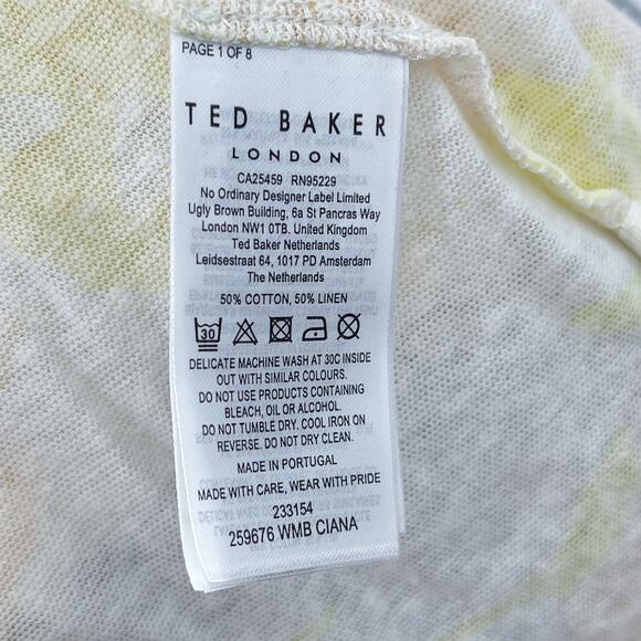 Ted Baker London | Ciana V-Neck Floral Linen/Cotton Blend T-Shirt | US 8 (S/M) - Picture 9 of 11